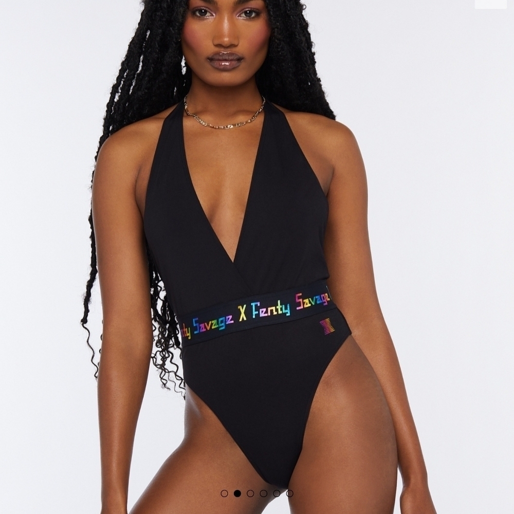 Savage x Fenty Missy Forever Rainbow Logo Halter Bodysuit Black Size Medium